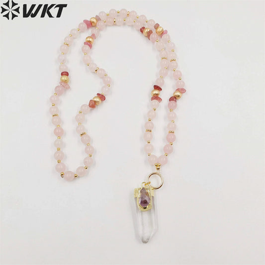 WT-N1411 WKT New Design Women Long Energy Pink Crystal Quartz Point Pendant Necklace Lucky Elegance Shirt Chain Necklace