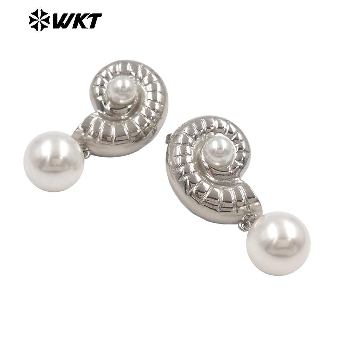 WT-ME132 Fashion Gold And Silver Plated Shell Shape Double Designs Brass With Artificial Pearl Earrings For Women Daily Wearing