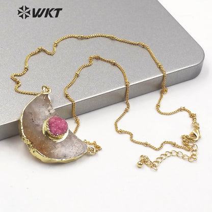 WT-N1210 Newest Natural Yellow Citrine Quartz Necklace With Round Druzy Quartz Charm Fashion Charm Jewelry Yellow Stone Necklace