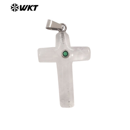 WT-P2070 Religious Style Silver Plated Zircon And Multi Natural Gemstones Cross Pendants As Boy Girl Handmade Jewelry Making