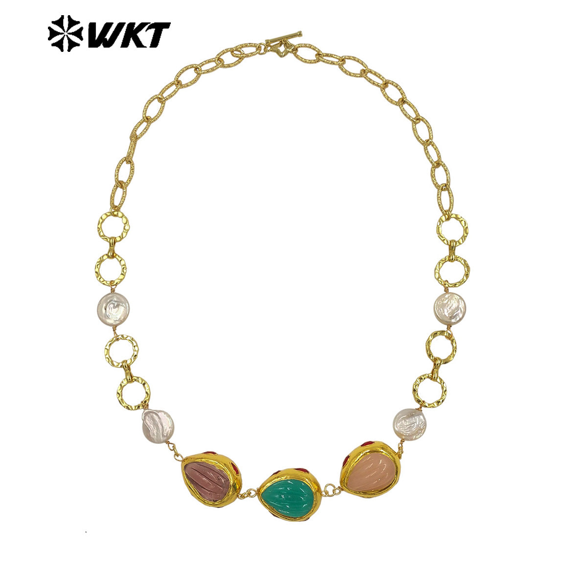 WT-JN372 Exquisite 18K Gold Plated Natural Pearl And Three Colors Glaze Pendants Necklace As Lady Unique Jewelry Accessory