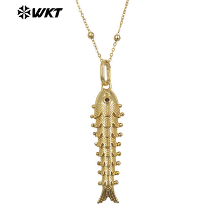 WT-N1515 Exquisite Thin Beads Chain Gold Electroplated Yellow Brass Fish Shape Pendant Necklace For Friends New Year Gift