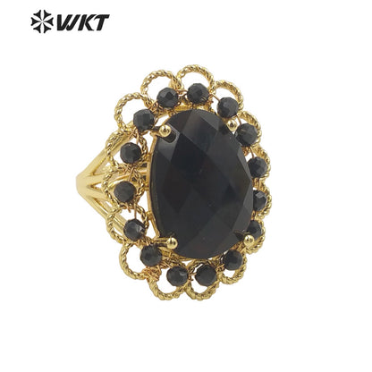 WT-R460 Wholesale Newest Gorgeous Women Oval Natural Amazonite Wedding Ring Faceted Stone Beads Anniversary Ring in Gold