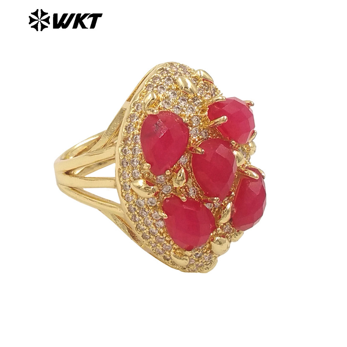 WT-R543 Wholesale Fashion Gold Plated Micropave Zircon Setting With Natural Faceted Gemstone Birthday Stone Ring for Women