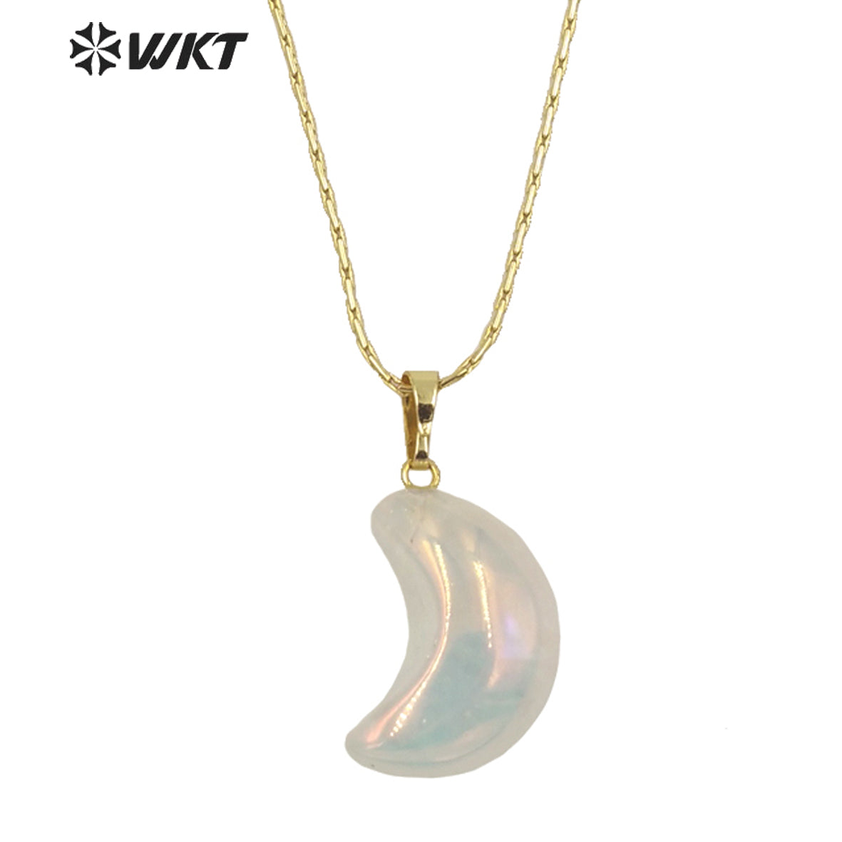 WT-N1335 Romantic Cute Shiny Crystal with Arua Pendant Necklace Moon Shape Natural Stones Amethyst with Aura Jewelry Necklace