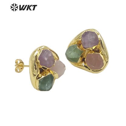 WT-E748 Newest WKT Exclusive Design Natural Triple Assemble Blue Agate Flower Shape Stone Studs America Hot Earrings