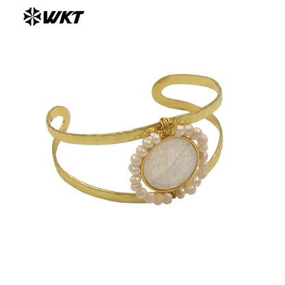 MPB132 Wholesale Religious Gold Plated Double Layers Hand Carved Shell And Pearl Adjustable Bangles As Ladies Party Present