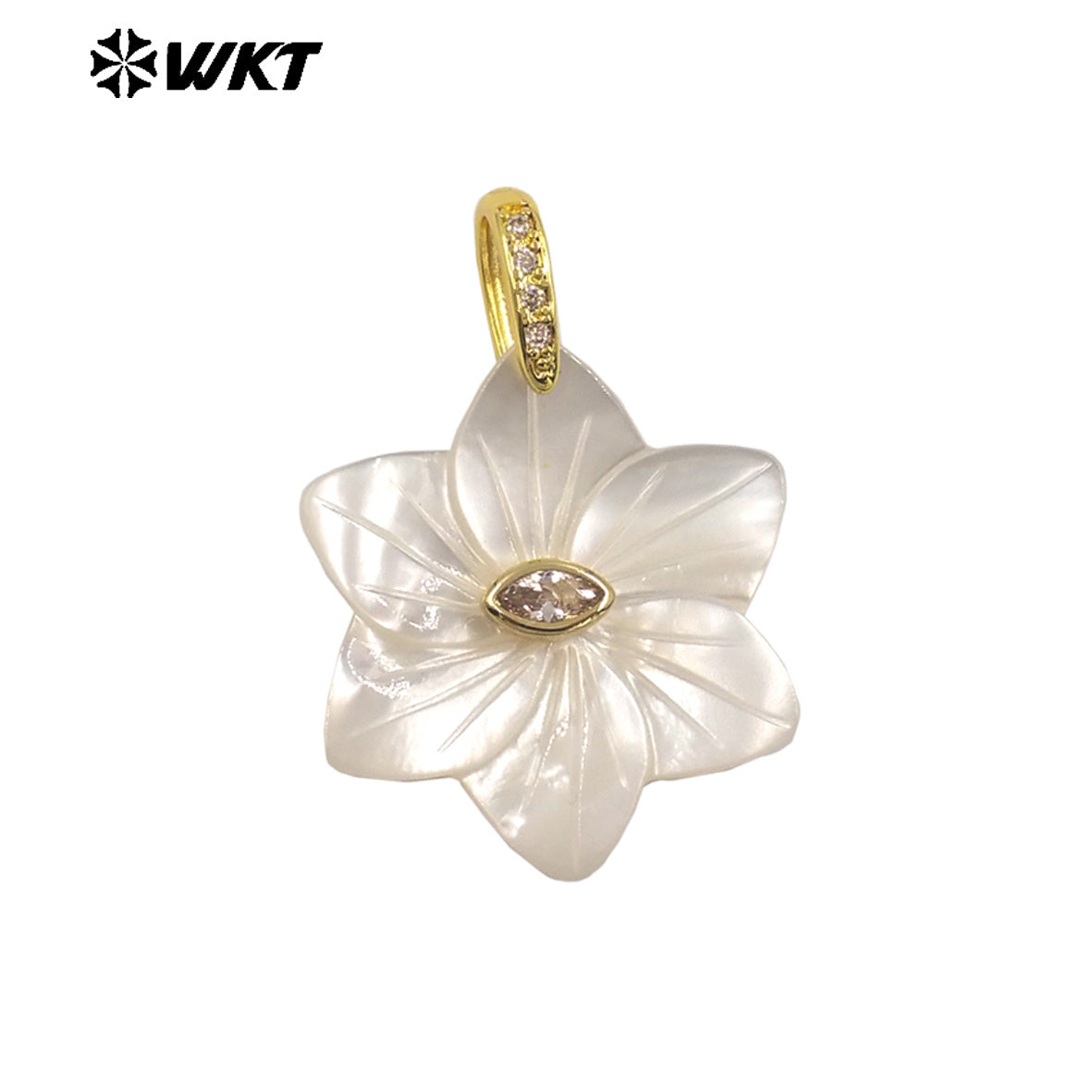 WT-JP479 Factory Wholesale Colorful Zircon And White Shell Carved Flower Shape Gold Pendant As Handmade Jewelry Findings