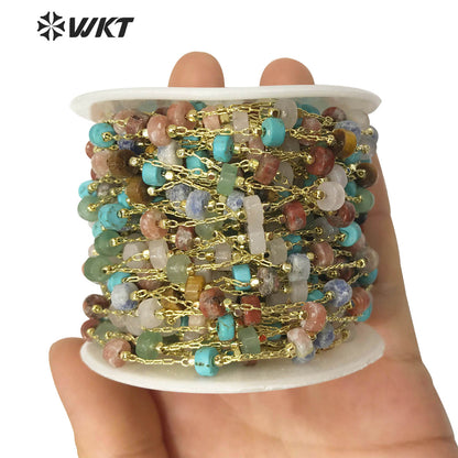 WT-RBC133 Stylish Accessory Stone Beads Chain 6mm Natural Stone Beads Rosary Necklace Chain Gold Plated Jewelry Beads Chain