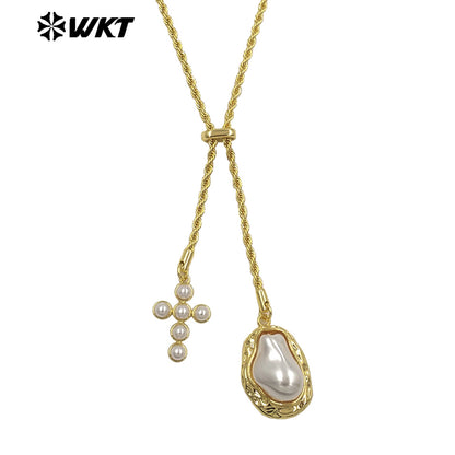 WT-JFN52 Elegant Style Brass And Artificial Pearl Gold Plated Cross Heart Shape Charms Metal Necklace For Friends Romantic Gift