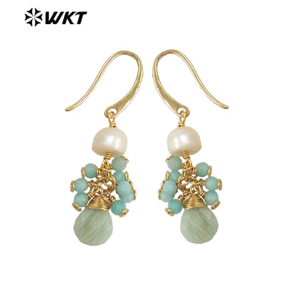 WT-E722 WKT Exclusive Design Handmade Precious Tiny Stone Charm Earrings Attractive Long Dangle Birthday Stone Earrings