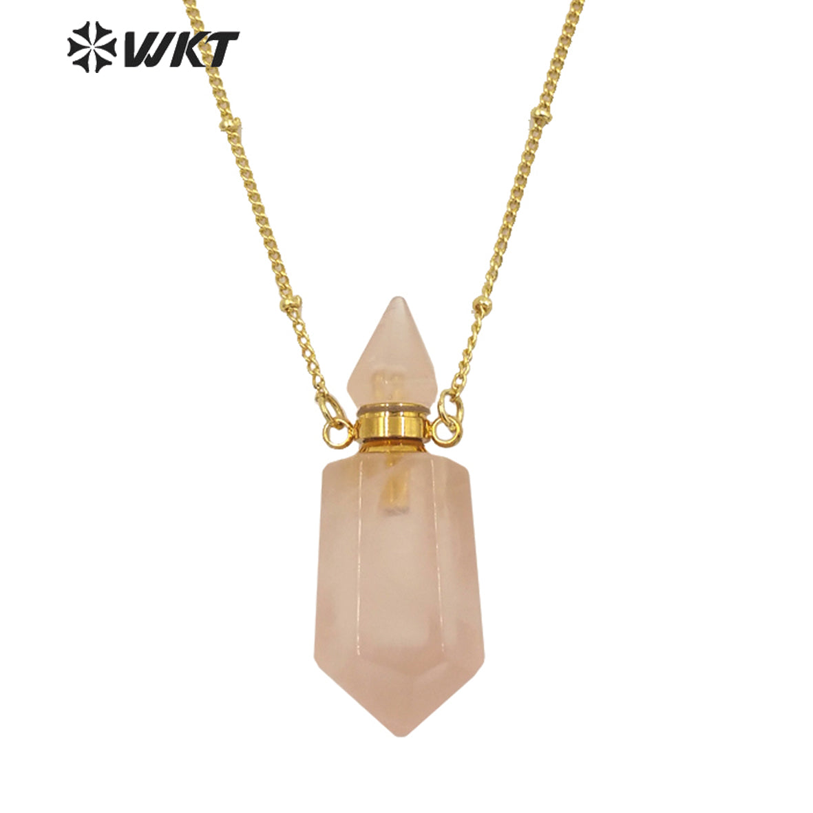 WT-N1284 Fashion Gold Plated Double Loops Natural Spirit Quartz Point Stone Perfume Bottle Necklace or Essencial Oil Necklace