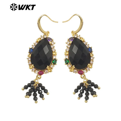 WT-ME107 WKT New Design Most Popular Handmade Wire Wrapped Tiny Beads Dangle Drop Stone Earring With Hoop Gold Party Studs