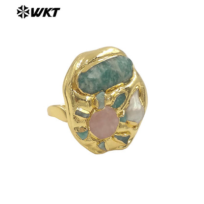 WT-MPR139 Wholesale Gorgeous Trend Style Multi Stones With Natural Pearl Gold Plated Rings For Women Beautiful Jewelry Gift