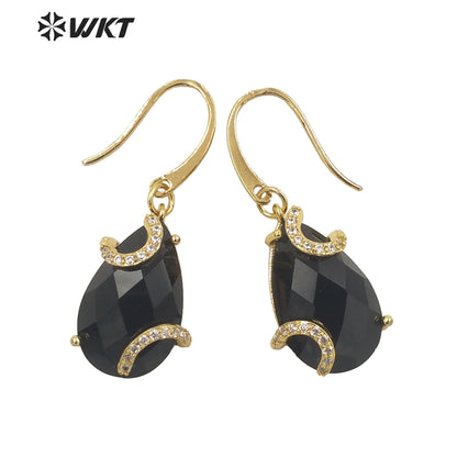WT-E688 Wholesale Fashion Gold Prong Setting Natural Teardrop Stone Earrings Gorgeous Faceted Gemstone Micropaved Pear Earrings