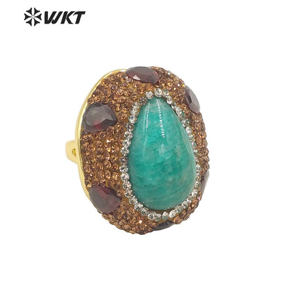 WT-R498 New Popular Vintage Style Rhinestone and Amazonite Turquoise Stone Setting Handmade Adjustable Sizee Gold Plated Ring