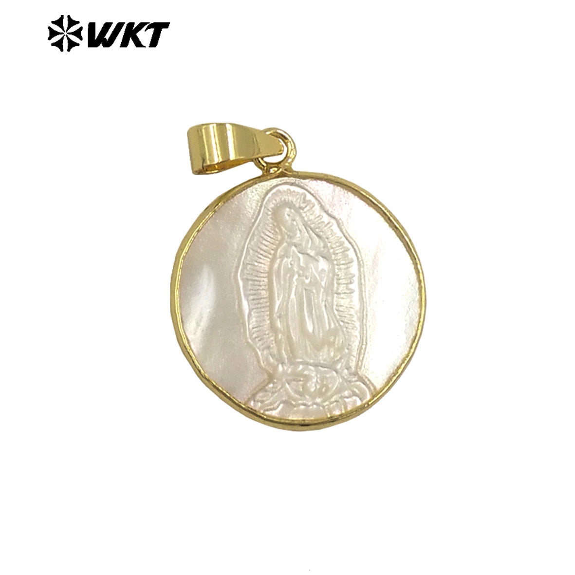 WT-JP042 New Arrival White Shell Virgin Mary Jesus Christ Pattern Round Metal Electroplated for Women Jewelry Shape Pendants