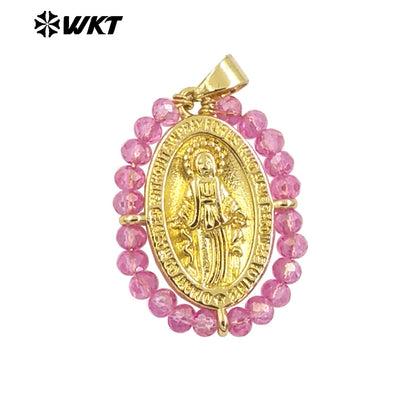 WT-MN985 WKT New Hot Design Christian Metal Carved With Colorful Crystal Beads Wire Wrapped Religious Necklace