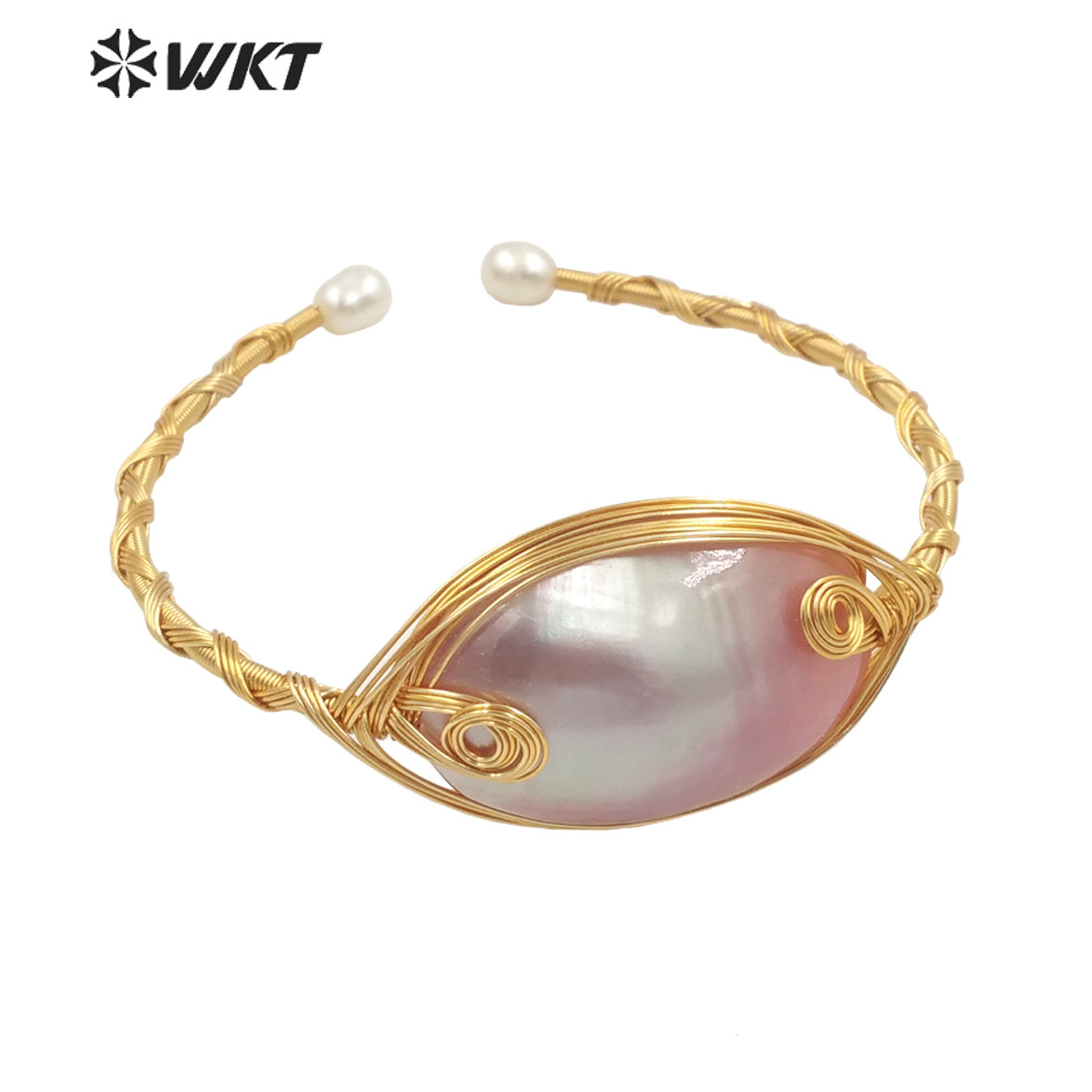 WT-MPB049 Statement Fashion Coil Yellow Brass Delicate Bangle Mother of Pearl Women Pendant Bangle