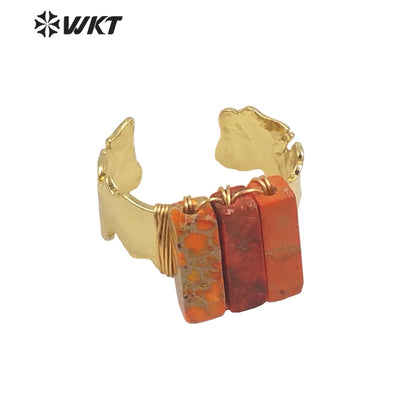 WT-R423 Fashion Gold Wire Wrapped Ocean jasper Ring for Women Colorful Natural Stone Handmade Ring in Bohemian Ring