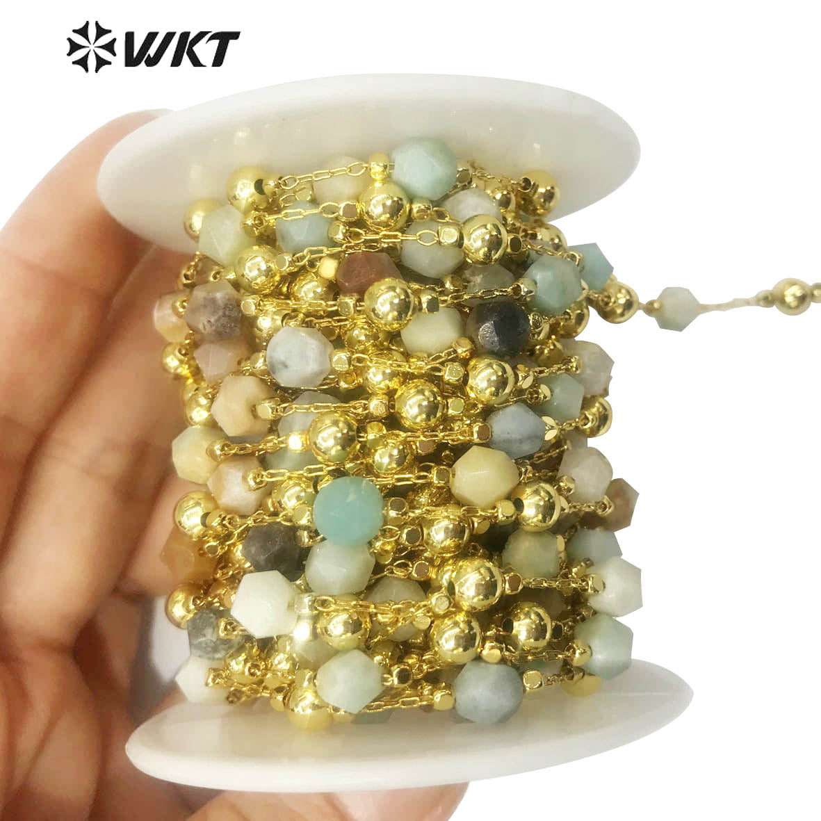 WT-RBC134 Wholesale Natural Stone Beads Chain Women Gold Plated Stone Beads Rosary Chain for Jewelry Making Jewelry Beads Chain