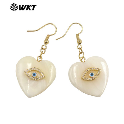 WT-MPE130 Lovely 18k Gold Plated Lady Natural White Shell Heart Earring With Micropave Cubic Zircon for Girl Birthday Gift
