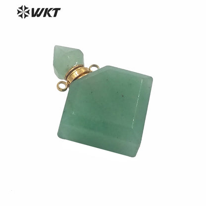 WT-P1575 Wholesale Rhombus Shape Natural Stone Essence Oil Bottle Pendant Gold Stainless Steel Components Stone Perfume Bottle