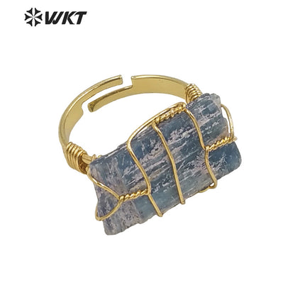 WT-R374 Wholesale Fashion Handmade Wire Wrapped Raw Stone Ring Women Gold Vintage Boho Blue Kyanite Fluorite Ring
