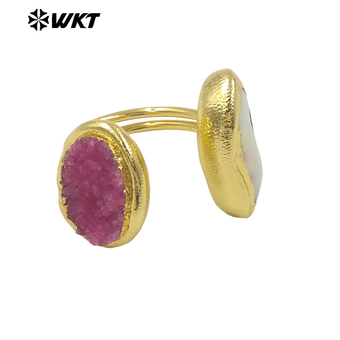 WT-MPR118 New Product Explosion Fashion 18K Gold Plated Pearl Druzy Quartz Double Stone Open Size Ring for Women As Special Gift