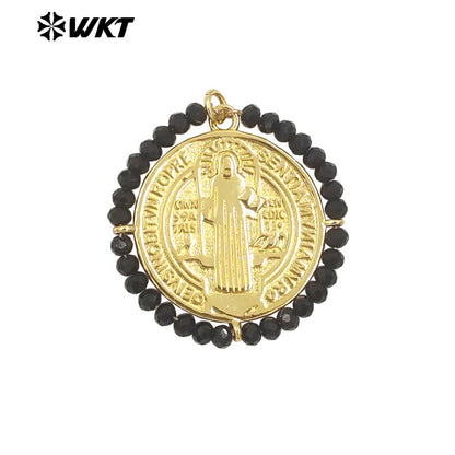 WT-MN991 Fashion Popular Women Wire Wrapped Brass 18K Gold St Benedict Medal Necklace With Crystal Decorate Religious Jewelry