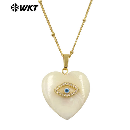 WT-JN270 Wholesale Fashion Gold Plated Natural White Shell Lovely Heart Cubic Zircon Charm Necklace for Birthday Gift Jewelry