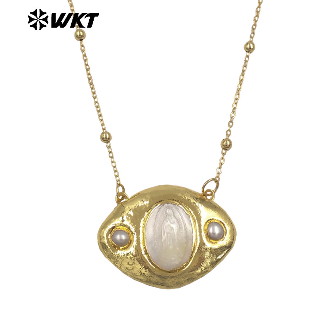 WT-JN388 Factory Wholesale Gold Plated Chain With Religious Style Mother Of Pearl Pendant Necklace For Women Unique Jewelry