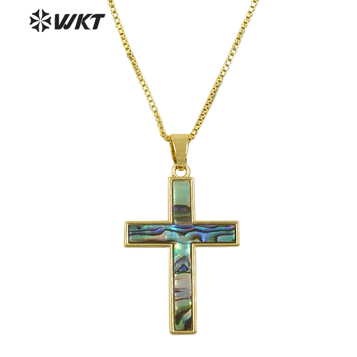 WT-JN277 Wholesale Amazing Christian Natural Shell Cross Pendant Necklace Gold Bezel Setting Unisex Jewelry