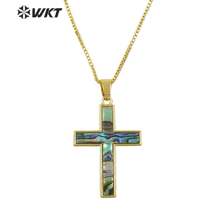 WT-JN277 Wholesale Amazing Christian Natural Shell Cross Pendant Necklace Gold Bezel Setting Unisex Jewelry