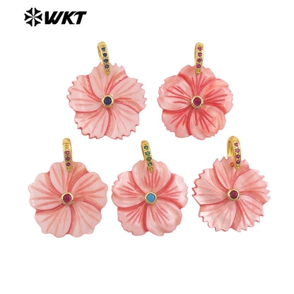 WT-JP477 Fashion Cute Style White And Pink Natural Shell With Zircon Hand Carved Multi Flower Shape Pendants For Necklace DIY