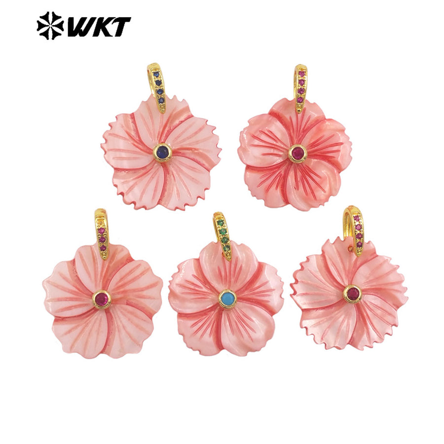 WT-JP477 Fashion Cute Style White And Pink Natural Shell With Zircon Hand Carved Multi Flower Shape Pendants For Necklace DIY