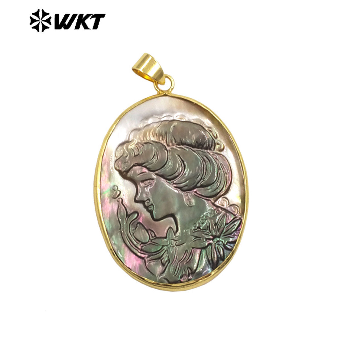 WT-JP426 High Quality Natural Shell Gold Plated Hand Carved Lady Head Pattern Pendant Women Vintage Style Accessories