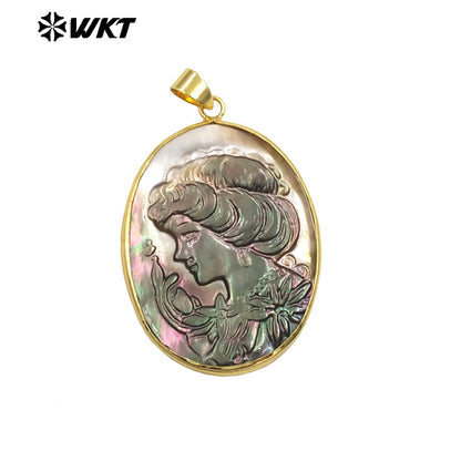 WT-JP426 High Quality Natural Shell Gold Plated Hand Carved Lady Head Pattern Pendant Women Vintage Style Accessories