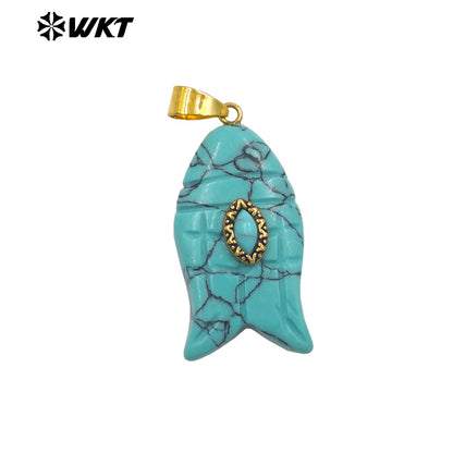 WT-P2012 Wonderful Gold Plated Fish Shape Multi Colors Natural Gemstones Set In Small Stone Pendants For Unique Jewelry Making