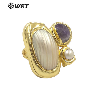 WT-MPR083 Newest Exclusive WKT Design 18k Real Gold Plated Resist Tarnishable Multi Stone and Pearl Women Ring in Adjustable