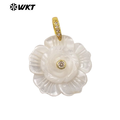 WT-JP476 Exquisite Elegant Design White Shell And Zircon Hand Carved Flower Shape Little Pendants As Lady Earrings DIY Findings