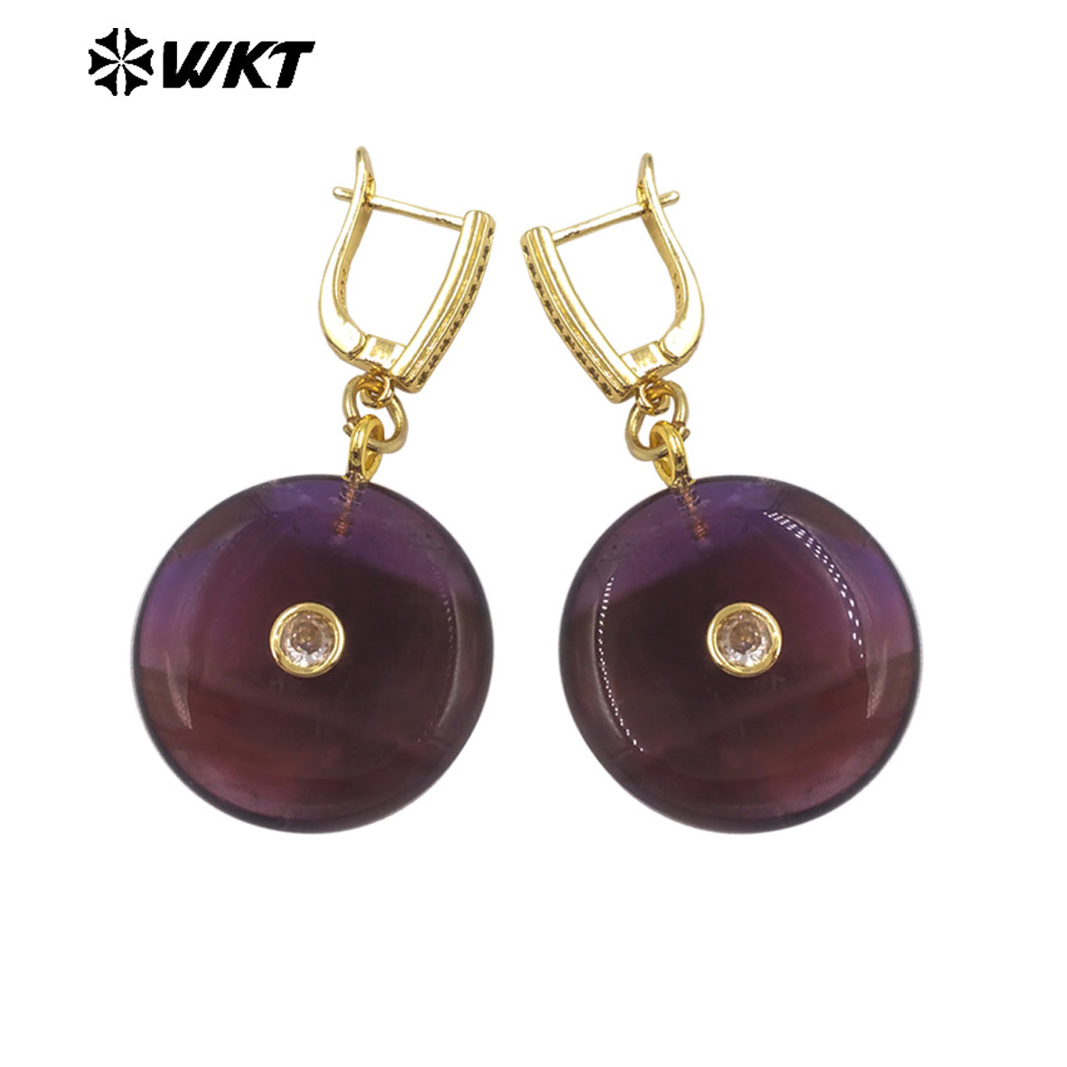 WT-E809 Fashionable Rose Quartz Various Natural Gemstones With Zircon Round Gold Earrings As Women Daily Elegant Jewelry