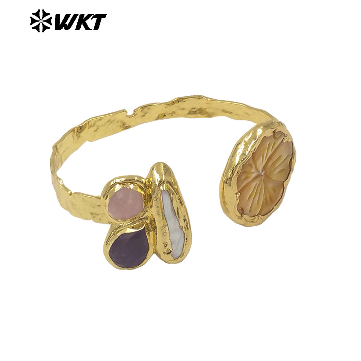 MPB139 Exclusive Unique Design Gold Plated Carved Flower Shape Shell And Natural Stone Pearl Splicing Women Bangles As Gifts