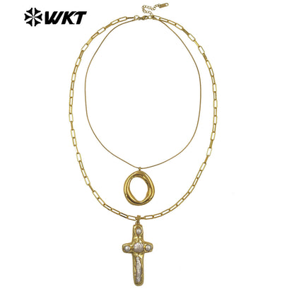 WT-JN366 Vintage 18K Gold Plated Natural Freshwater Pearl Cross And Flower Star Pendant Double Layers Necklace As Party Gifts