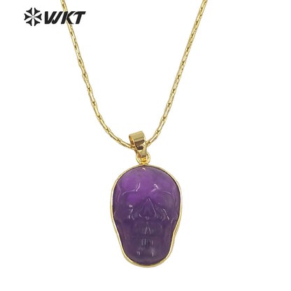 WT-N1357 WKT Special Skeleton Ghost Head Natural Carved Labradorite Necklace Style Rock and Roll Style Skull Necklace