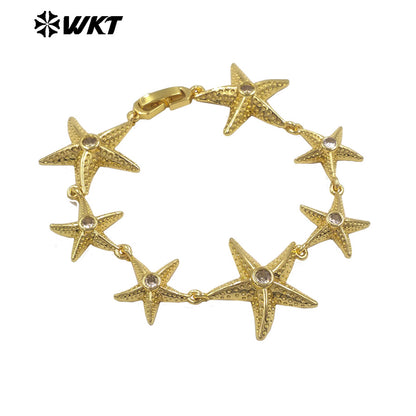WT-JF373 Exquisite Gold Plated Metal Yellow Brass Moon Sun Star Charms Connected Bracelets For Friends Trendy Jewelry Gift
