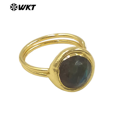 WT-R556 Wholesale 18K Gold Plated Round Red Coral and Black Labradorite Open Size Unisex Ring for Friends As Birthday Gifts