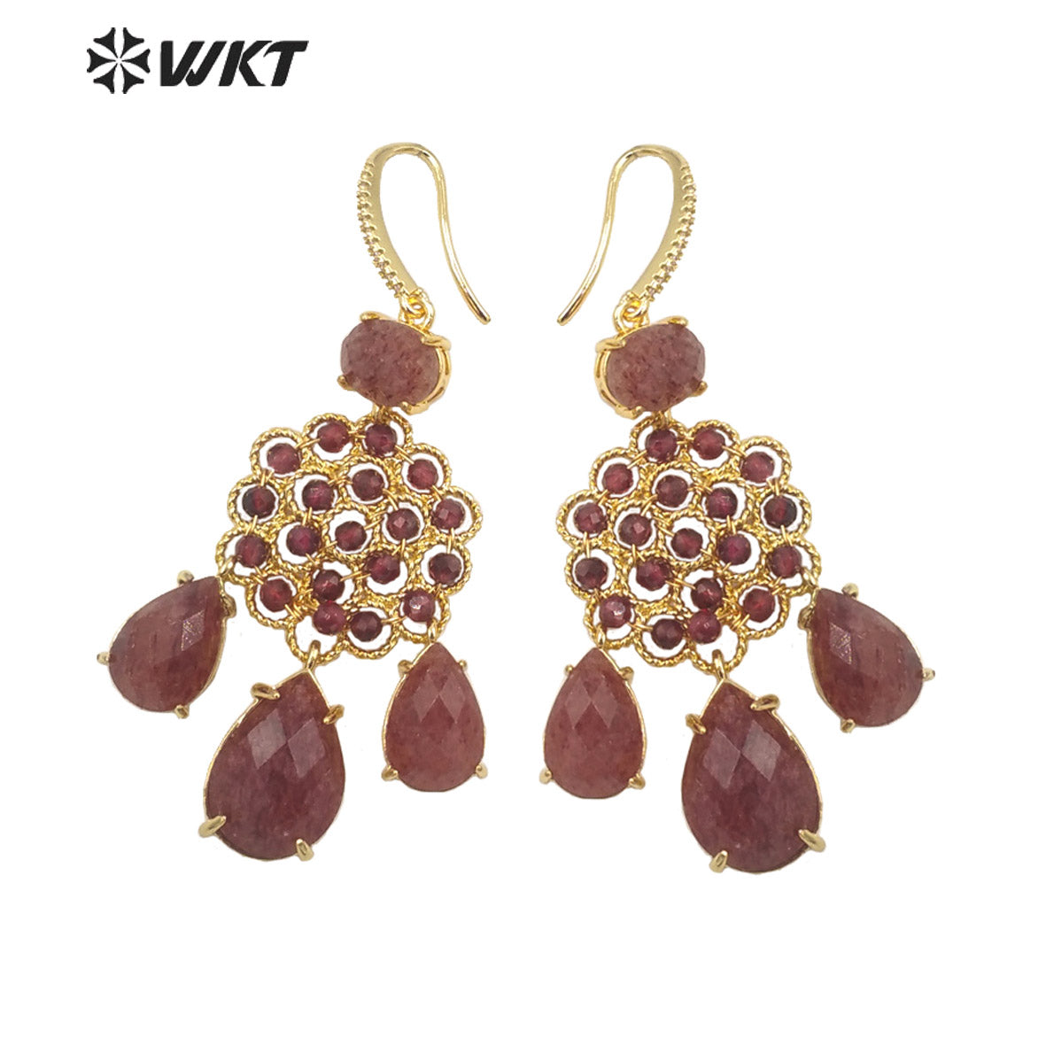 WT-E712 WKT Newest Precious Natural Gemstone Teardrop Earrings Labradorite Amethyst Stone Earrings for Party Gold Drop Earrings