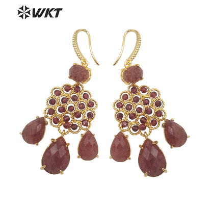 WT-E712 WKT Newest Precious Natural Gemstone Teardrop Earrings Labradorite Amethyst Stone Earrings for Party Gold Drop Earrings