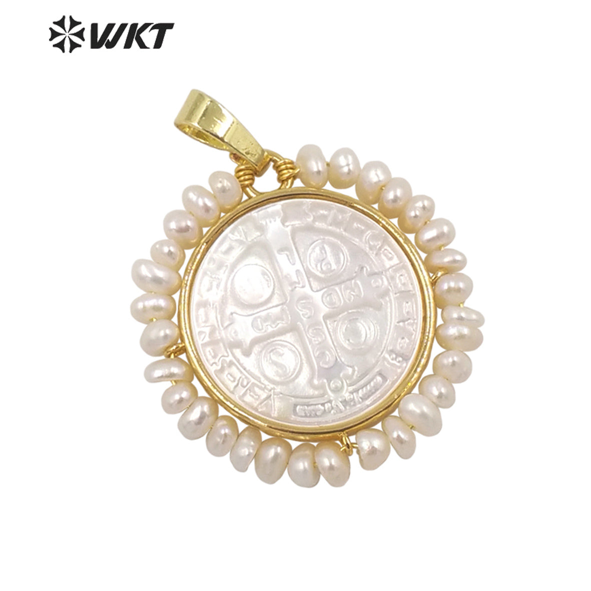 WT-JP257 Wholesale Handmade Wire Wrapped with Pearl Our Blessed Joseph of Cupertino Jewelry Pendant Gold Savior Cross Pendant